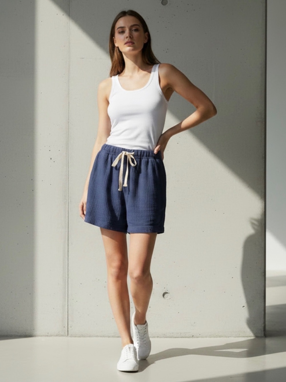 100% cotton Women’s Navy Drawstring Casual Shorts